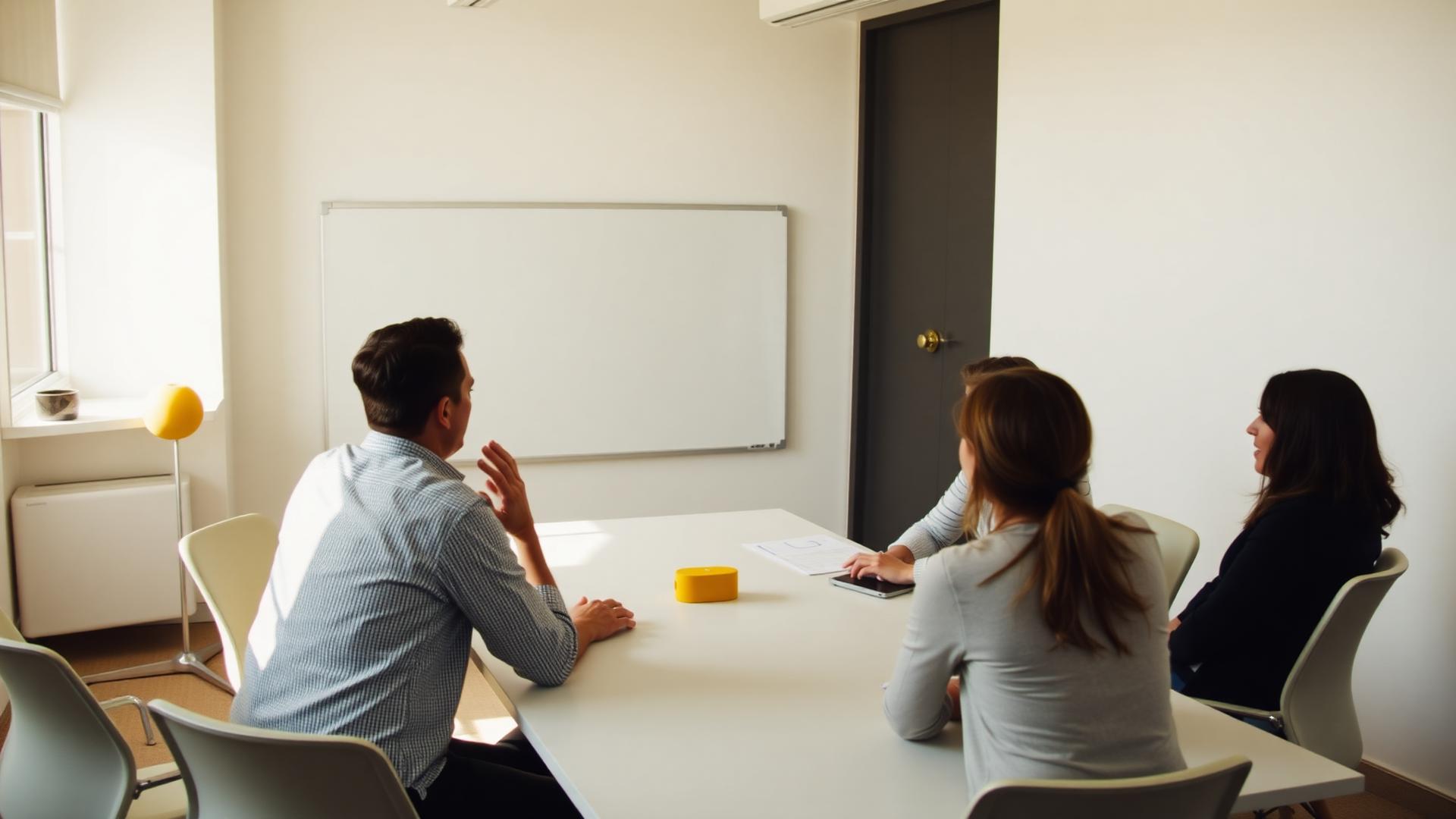 Team bespricht am Besprechungstisch, wie aus Reichweite Termine werden