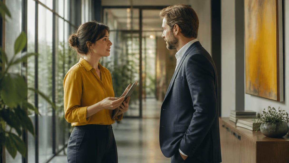 Two business people in conversation in a bright office corridor