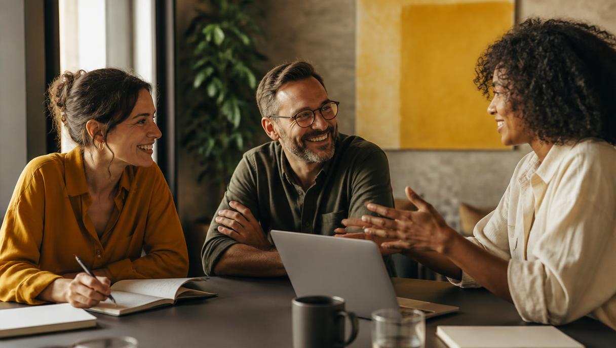 Three-person team of a mid-sized company talking at a table