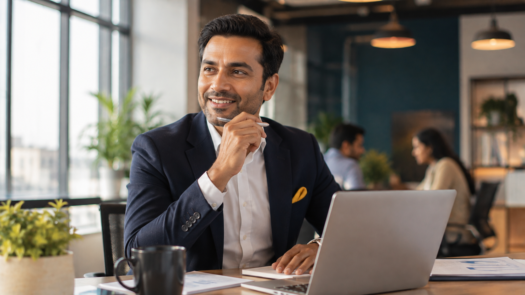 Lächelnder Geschäftsführer am Laptop im modernen Büro denkt über die Zusammenarbeit mit seiner B2B-Digitalagentur nach