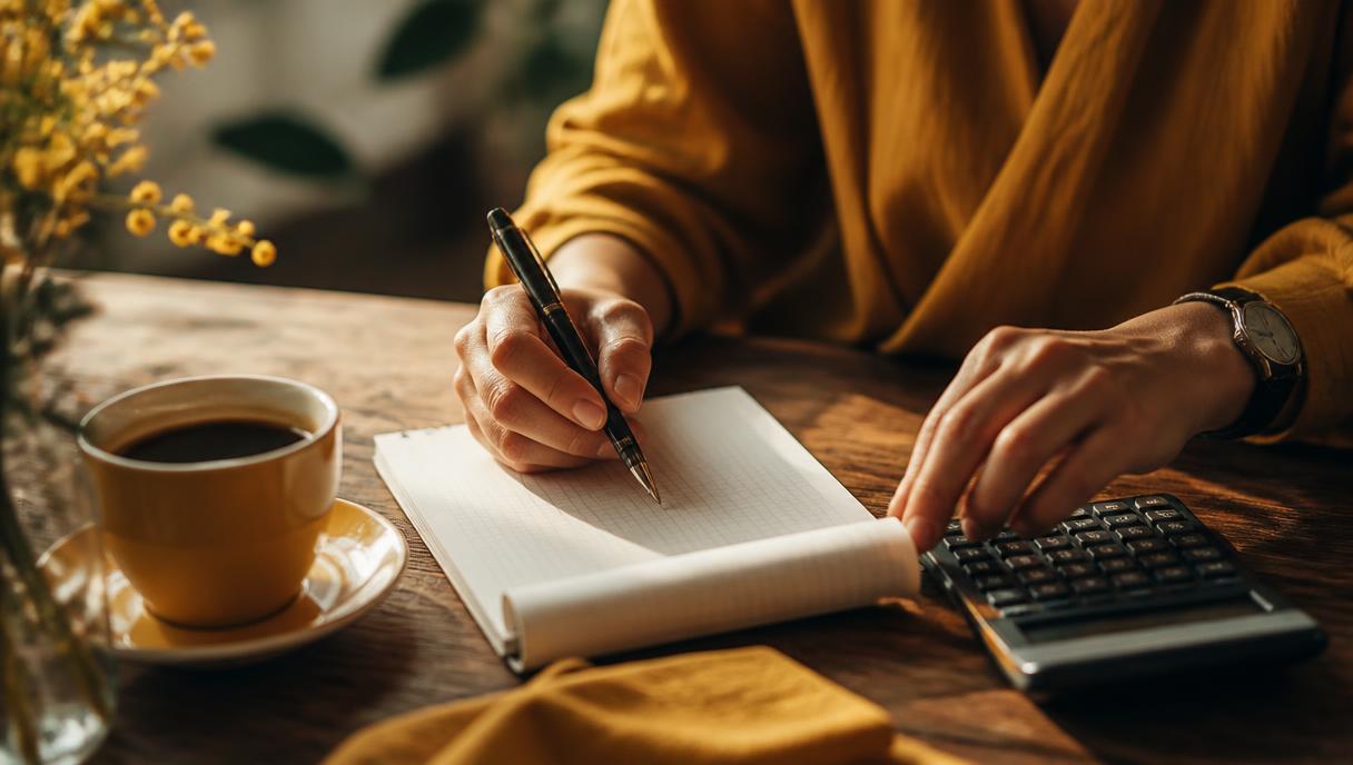 Hands calculating with a pen, notepad and calculator on a wooden table