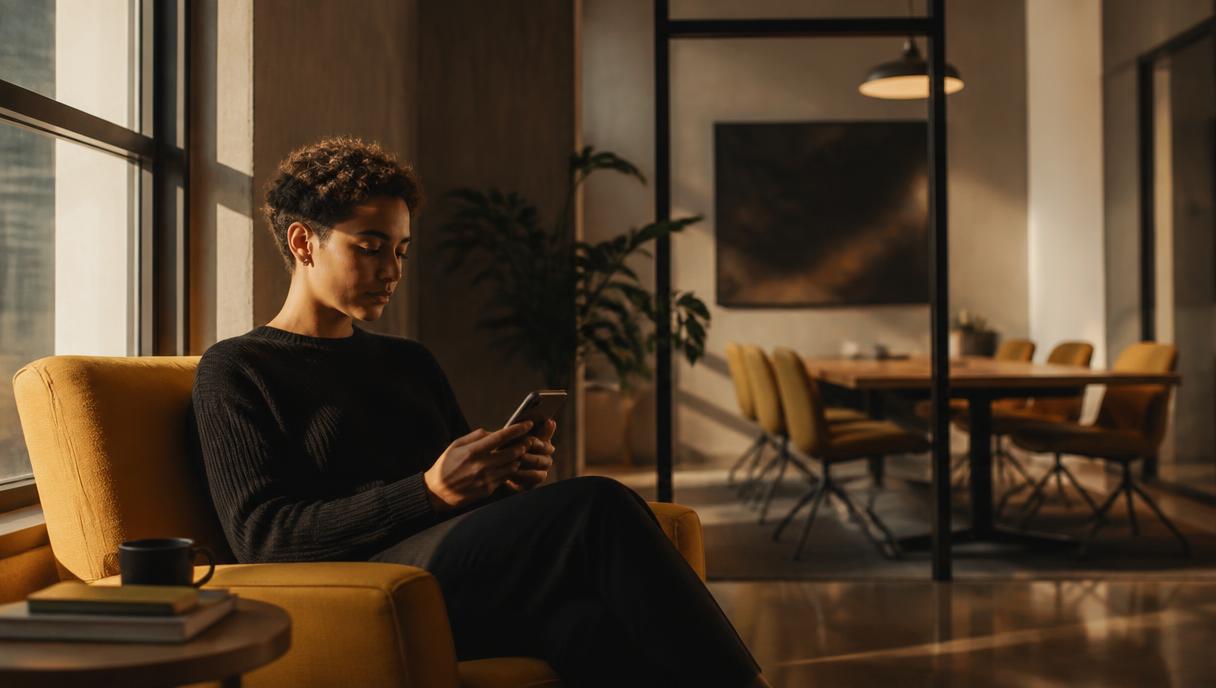 Person looking at a phone with an empty meeting table in the background