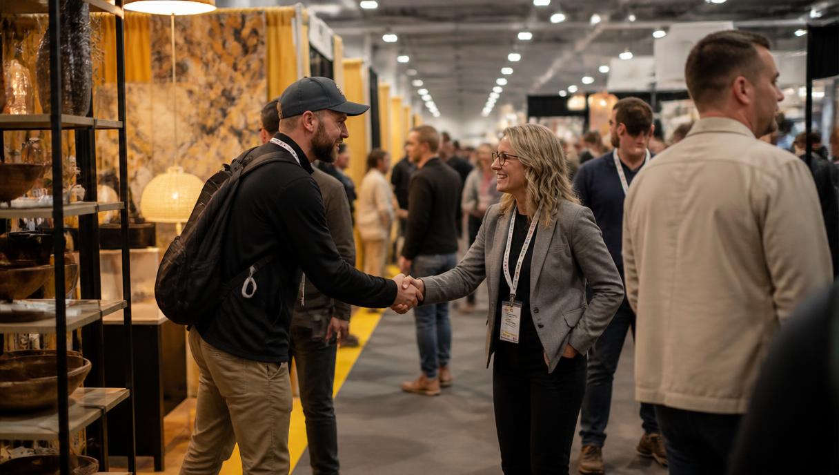 Handshake between two people in the aisle of a B2B trade show