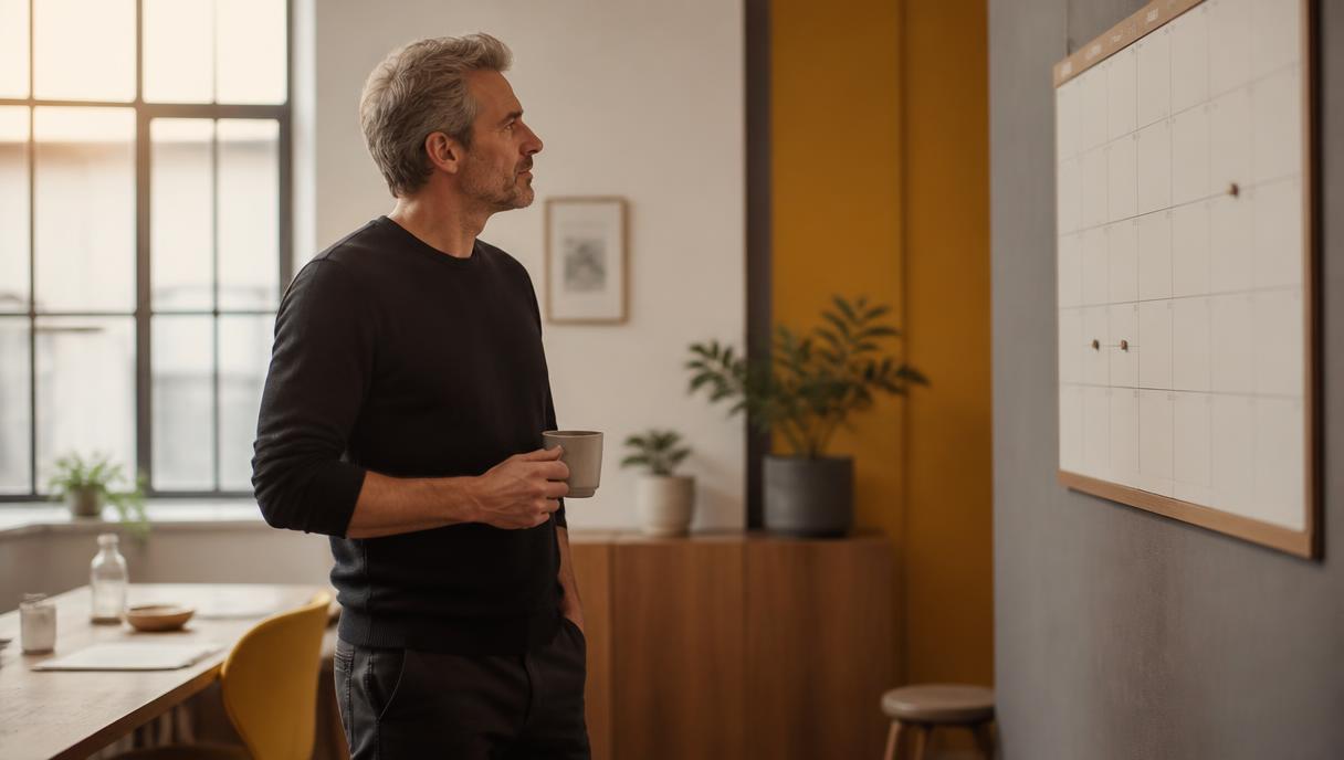 Business owner looking at a wall calendar with only a few meetings booked