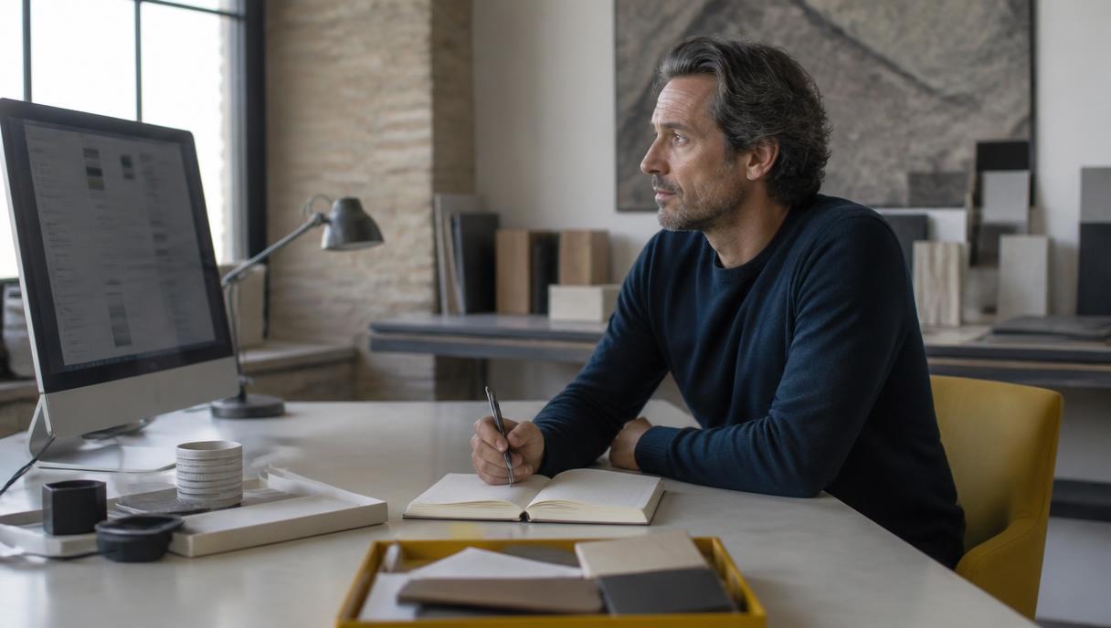 Business owner reviews a new enquiry at his desk and notes the next step