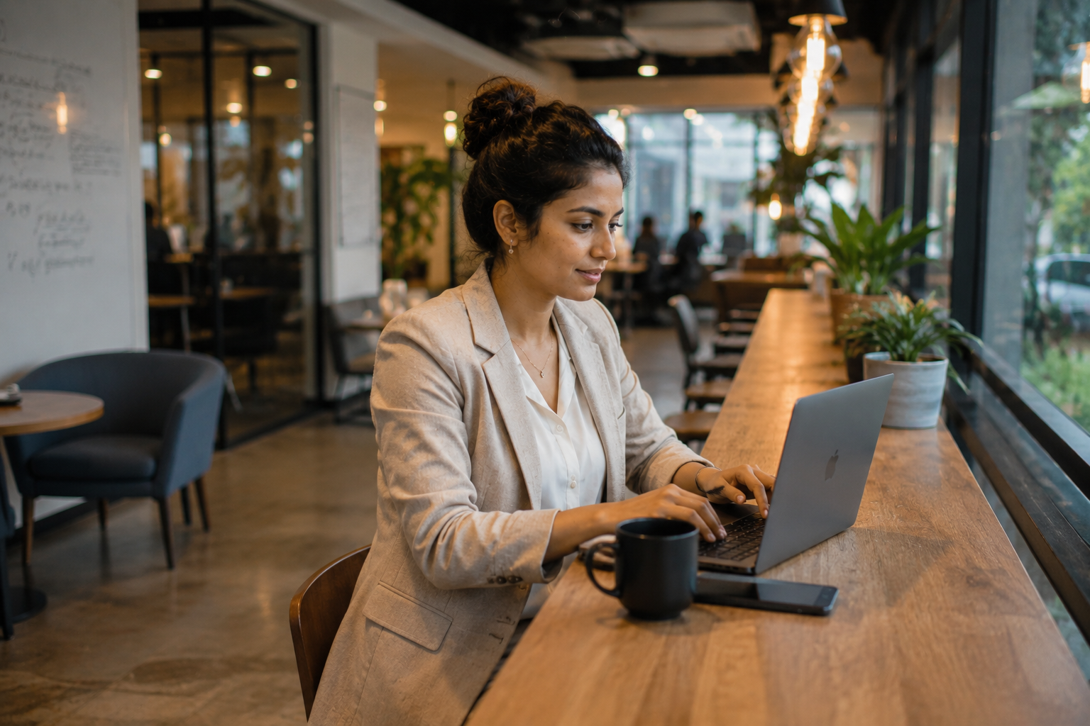Unternehmerin am Laptop steuert die AI Akquise als System
