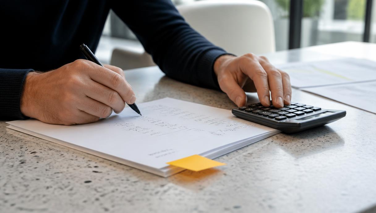 Hands calculate the cost per appointment with pen and calculator