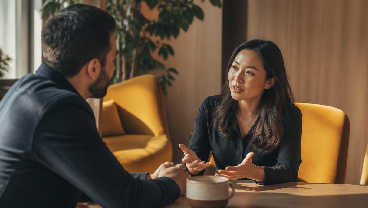 Two business partners in conversation at a table in a warm office lounge