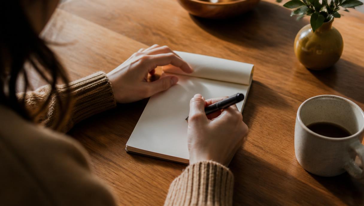 Hands calculating with a pen and notepad on a wooden desk