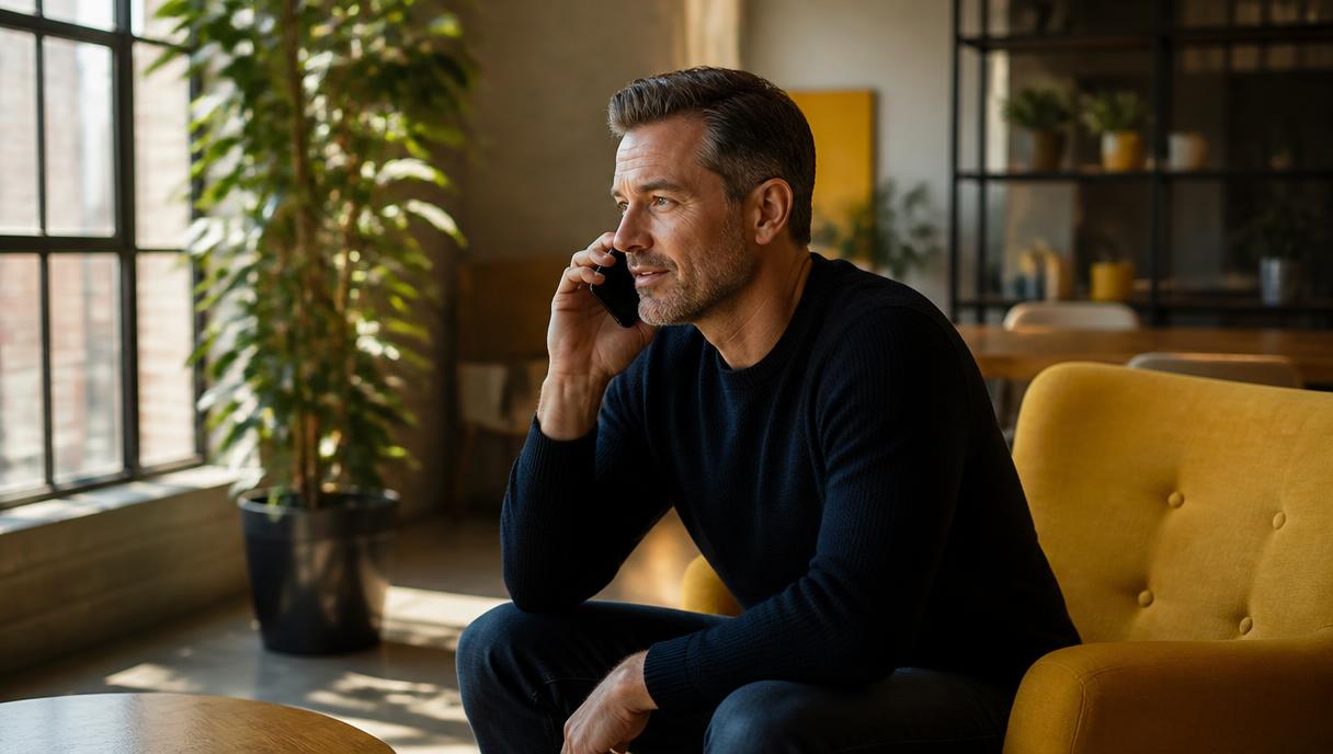 Business owner sitting in an office lounge on a call with a decision maker